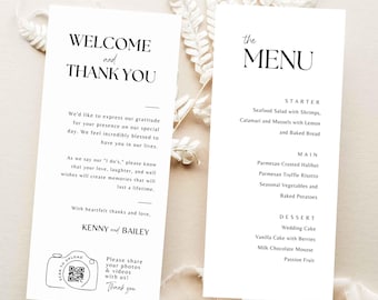 Menu and Thank You Note - Wedding Thank You Card with Qr Code Reception Dinner Menu Template Canva Modern Welcome Place Setting Cards -SA01a