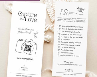 Photo scavenger hunt I Spy wedding game Editable Canva Template - qr code Capture the love photo share at reception - printable 4x9  #TA01