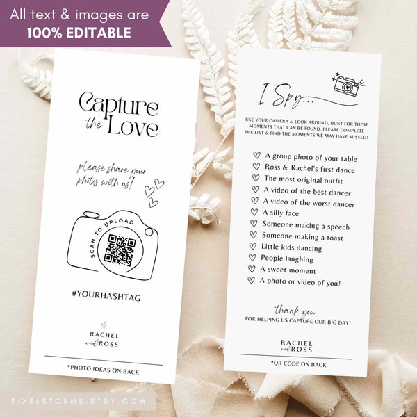 Photo scavenger hunt I Spy wedding game Editable Canva Template - qr code Capture the love photo share at reception - printable 4x9  #TA01