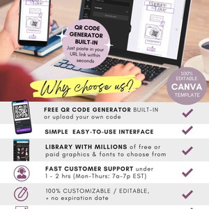 Pode incluir: O ecr&atilde; de um computador port&aacute;til mostra um modelo Canva para um c&oacute;digo QR com o texto "Capture the Love" e um gerador de c&oacute;digo QR. O texto "Why choose us?" est&aacute; numa caixa amarela. Abaixo do texto &eacute; mostrada uma lista de funcionalidades, incluindo "Gerador de c&oacute;digo QR gratuito integrado", "Interface simples e f&aacute;cil de usar", "Biblioteca com milh&otilde;es de gr&aacute;ficos e fontes gratuitos ou pagos para escolher", "Suporte ao cliente r&aacute;pido em 1-2 horas (de segunda a quinta-feira: 7h &agrave;s 19h EST)", "100% personaliz&aacute;vel / edit&aacute;vel, + sem data de validade", e "Tamanho ajust&aacute;vel". O texto "Free Demo link in the description below!" est&aacute; na parte inferior da imagem.