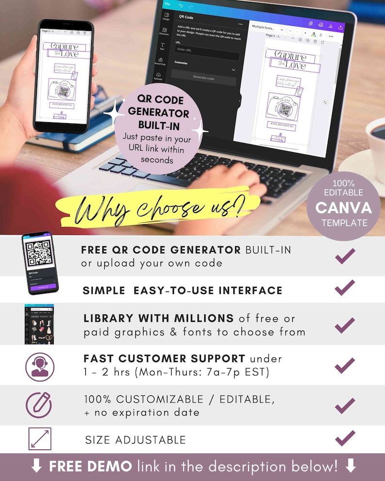Pode incluir: O ecr&atilde; de um computador port&aacute;til mostra um modelo Canva para um c&oacute;digo QR com o texto "Capture the Love" e um gerador de c&oacute;digo QR. O texto "Why choose us?" est&aacute; numa caixa amarela. Abaixo do texto &eacute; mostrada uma lista de funcionalidades, incluindo "Gerador de c&oacute;digo QR gratuito integrado", "Interface simples e f&aacute;cil de usar", "Biblioteca com milh&otilde;es de gr&aacute;ficos e fontes gratuitos ou pagos para escolher", "Suporte ao cliente r&aacute;pido em 1-2 horas (de segunda a quinta-feira: 7h &agrave;s 19h EST)", "100% personaliz&aacute;vel / edit&aacute;vel, + sem data de validade", e "Tamanho ajust&aacute;vel". O texto "Free Demo link in the description below!" est&aacute; na parte inferior da imagem.