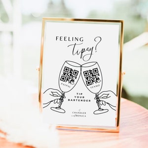 Puede incluir: Un cartel blanco con texto negro e ilustraciones. El texto dice "Feeling Tipsy?" con dos copas de vino brindando. Cada copa tiene un código QR y las palabras "Paypal" y "Venmo" debajo. El texto "Tip Your Bartender" está debajo de las copas. El texto "Chandler & Monica" está debajo del texto "Tip Your Bartender".