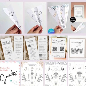 May include: A set of printable wedding templates featuring airplane-shaped paper designs with various wedding-related themes, such as "Blow Up Your Phones", "Capture the Love", "Honeymoon Fund", and "Feeling Tipsy?" The templates also include a welcome sign with a floral design.