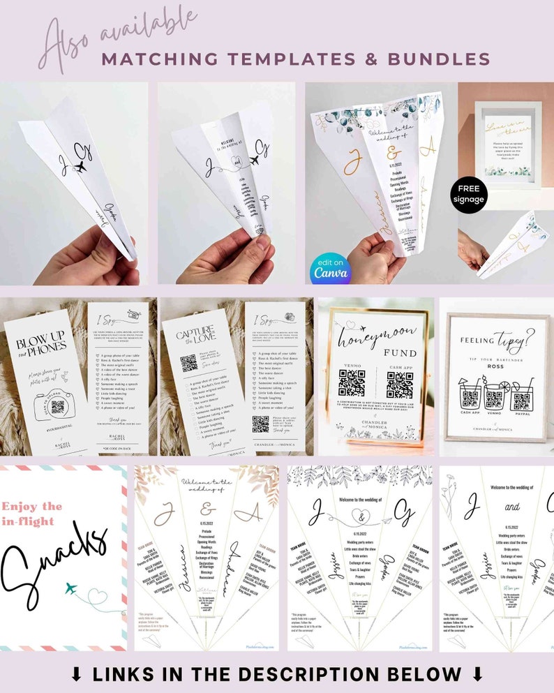 May include: A set of printable wedding templates featuring airplane-shaped paper designs with various wedding-related themes, such as "Blow Up Your Phones", "Capture the Love", "Honeymoon Fund", and "Feeling Tipsy?" The templates also include a welcome sign with a floral design.