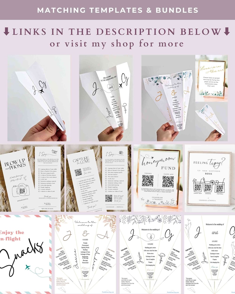 May include: A set of printable wedding templates featuring a variety of designs, including paper airplanes, a honeymoon fund QR code, and a "Feeling Tipsy?" sign with QR codes for ordering drinks. The templates are designed in a modern style with black and white text and floral accents.