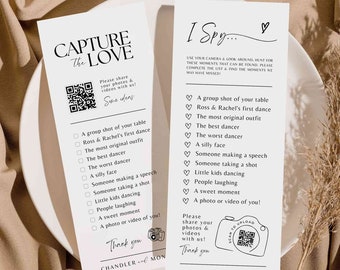 J'espionne le jeu de mariage Capturez l'amour, chasse au trésor, carte de jeu de mariage - LISTE DE CONTRLE PDF Téléchargez le modèle de code QR pour appareil photo Canva #SA01