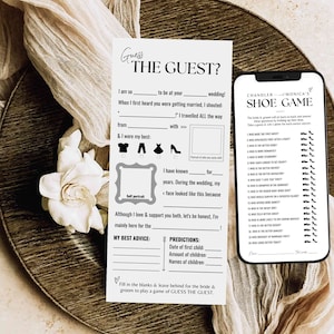 wedding shoe game questions bundle for wedding reception games - newlywed game questions guess the guest fun editable canva printable #SA01