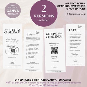 Puede incluir: Dos versiones de una tarjeta de desaf&iacute;o de fotos de boda imprimible. La tarjeta es blanca con texto negro y un c&oacute;digo QR. El texto dice "Wedding Photo Challenge" y "&iexcl;Por favor, comparte tus fotos con nosotros!" La tarjeta tambi&eacute;n incluye un hashtag y los nombres "Rachel Ross".