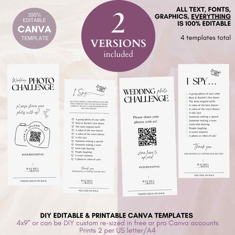 Puede incluir: Dos versiones de una tarjeta de desaf&iacute;o de fotos de boda imprimible. La tarjeta es blanca con texto negro y un c&oacute;digo QR. El texto dice "Wedding Photo Challenge" y "&iexcl;Por favor, comparte tus fotos con nosotros!" La tarjeta tambi&eacute;n incluye un hashtag y los nombres "Rachel Ross".