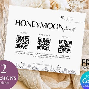 May include: A printable wedding card with a black and white floral design. The card has a title that says "Honeymoon Fund" and includes QR codes for Venmo, Cash App, and PayPal. The text says "A contribution is not expected but if you'd like to help send us on our way, a gift towards our honeymoon would really make our day!" The card also includes the names "Chandler and Monica".