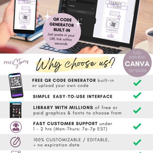 Puede incluir: Un gr&aacute;fico rosa y morado con el texto "&iquest;Por qu&eacute; elegirnos?" y una lista de caracter&iacute;sticas para una plantilla de Canva. Las caracter&iacute;sticas incluyen un generador de c&oacute;digo QR gratuito, una interfaz simple, una biblioteca de millones de gr&aacute;ficos y fuentes gratuitos, atenci&oacute;n al cliente r&aacute;pida, plantillas 100% personalizables y editables, y plantillas de tama&ntilde;o ajustable. El gr&aacute;fico tambi&eacute;n incluye un enlace de demostraci&oacute;n gratuito en la descripci&oacute;n a continuaci&oacute;n.