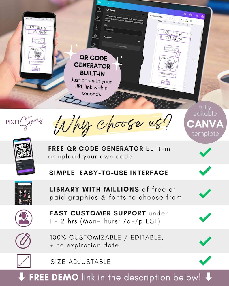 Puede incluir: Un gr&aacute;fico rosa y morado con el texto "&iquest;Por qu&eacute; elegirnos?" y una lista de caracter&iacute;sticas para una plantilla de Canva. Las caracter&iacute;sticas incluyen un generador de c&oacute;digo QR gratuito, una interfaz simple, una biblioteca de millones de gr&aacute;ficos y fuentes gratuitos, atenci&oacute;n al cliente r&aacute;pida, plantillas 100% personalizables y editables, y plantillas de tama&ntilde;o ajustable. El gr&aacute;fico tambi&eacute;n incluye un enlace de demostraci&oacute;n gratuito en la descripci&oacute;n a continuaci&oacute;n.