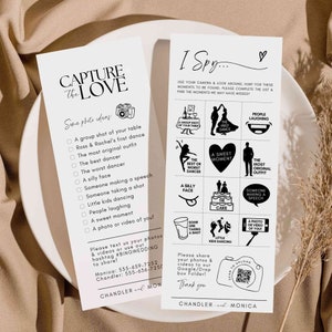 Pode incluir: Um cart&atilde;o de jogo de recep&ccedil;&atilde;o de casamento imprim&iacute;vel em preto e branco com o texto "I Spy..." e uma lista de itens tem&aacute;ticos de casamento para encontrar, como "a primeira dan&ccedil;a", "um momento doce" e "pessoas rindo".