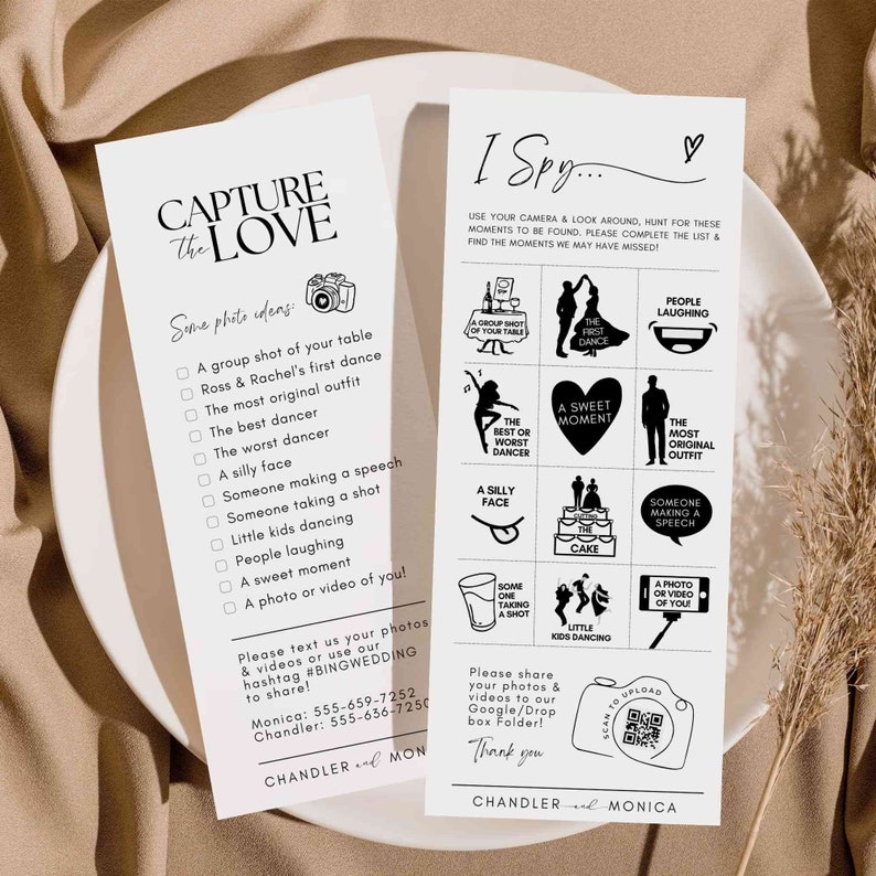 Pode incluir: Um cart&atilde;o de jogo de recep&ccedil;&atilde;o de casamento imprim&iacute;vel em preto e branco com o texto "I Spy..." e uma lista de itens tem&aacute;ticos de casamento para encontrar, como "a primeira dan&ccedil;a", "um momento doce" e "pessoas rindo".