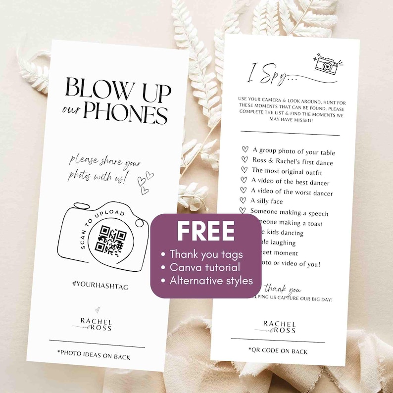 Blow up phones I spy wedding game template photo hunt card scavenger hunt wedding photo game reception - canva camera qr printable #SA01 image 3
