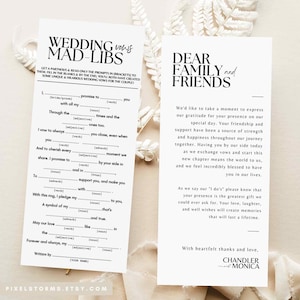 Juego de mad libs de votos matrimoniales, nota de servilleta de agradecimiento para boda, imprimible, configuración de lugar, agradecimiento y juego, plantillas de Canva editables SA01
