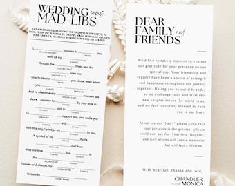 wedding vow mad libs game wedding thank you napkin note printable - place setting thank you and game editable Canva templates SA01