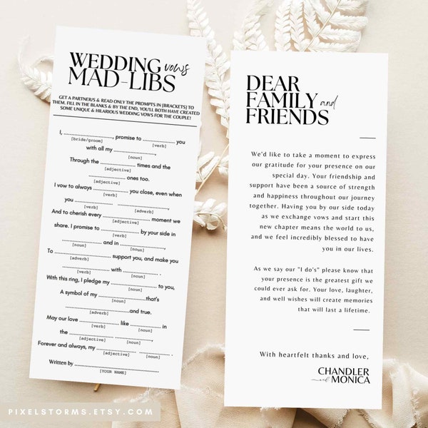 wedding vow mad libs game wedding thank you napkin note printable - place setting thank you and game editable Canva templates SA01