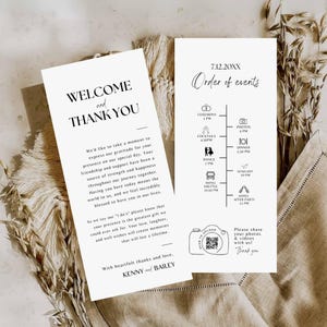 Nota de agradecimento e cronograma de ordem de eventos - Cartão de agradecimento de casamento com código QR Modelo de jantar de recepção Canva Place Setting Cards -SA01a