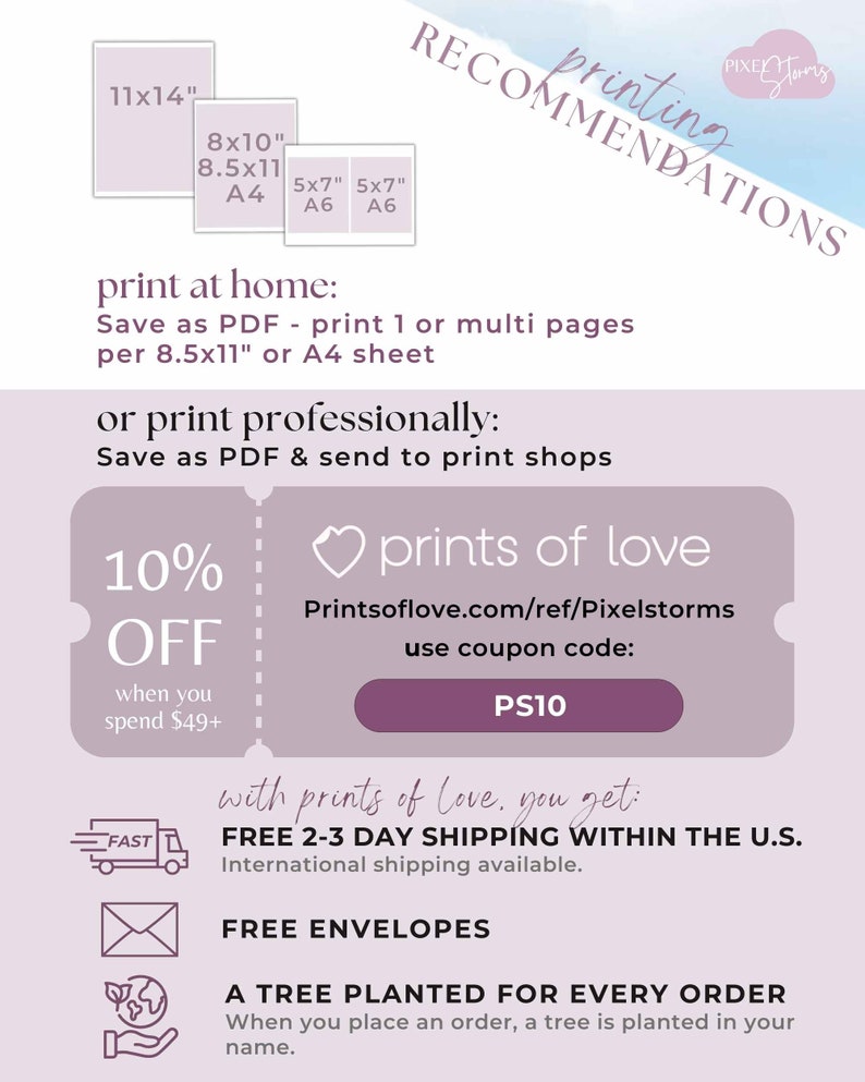 Op de afbeelding: Een roze en witte grafiek met de tekst "druk aanbevelingen" en een lijst met verschillende papierformaten, waaronder 11x14 inch, 8x10 inch, 8,5x11 inch, A4 en 5x7 inch. De grafiek bevat ook een 10% kortingscode voor printsoflove.com met de tekst "prints of love" en een hartpictogram.