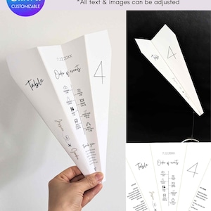 Tafelnummer bruiloft papieren vliegtuigje, tijdlijnmenu evenementen bestellen Modern minimalistisch instant download digitaal bewerkbare Canva-sjabloon #Q01