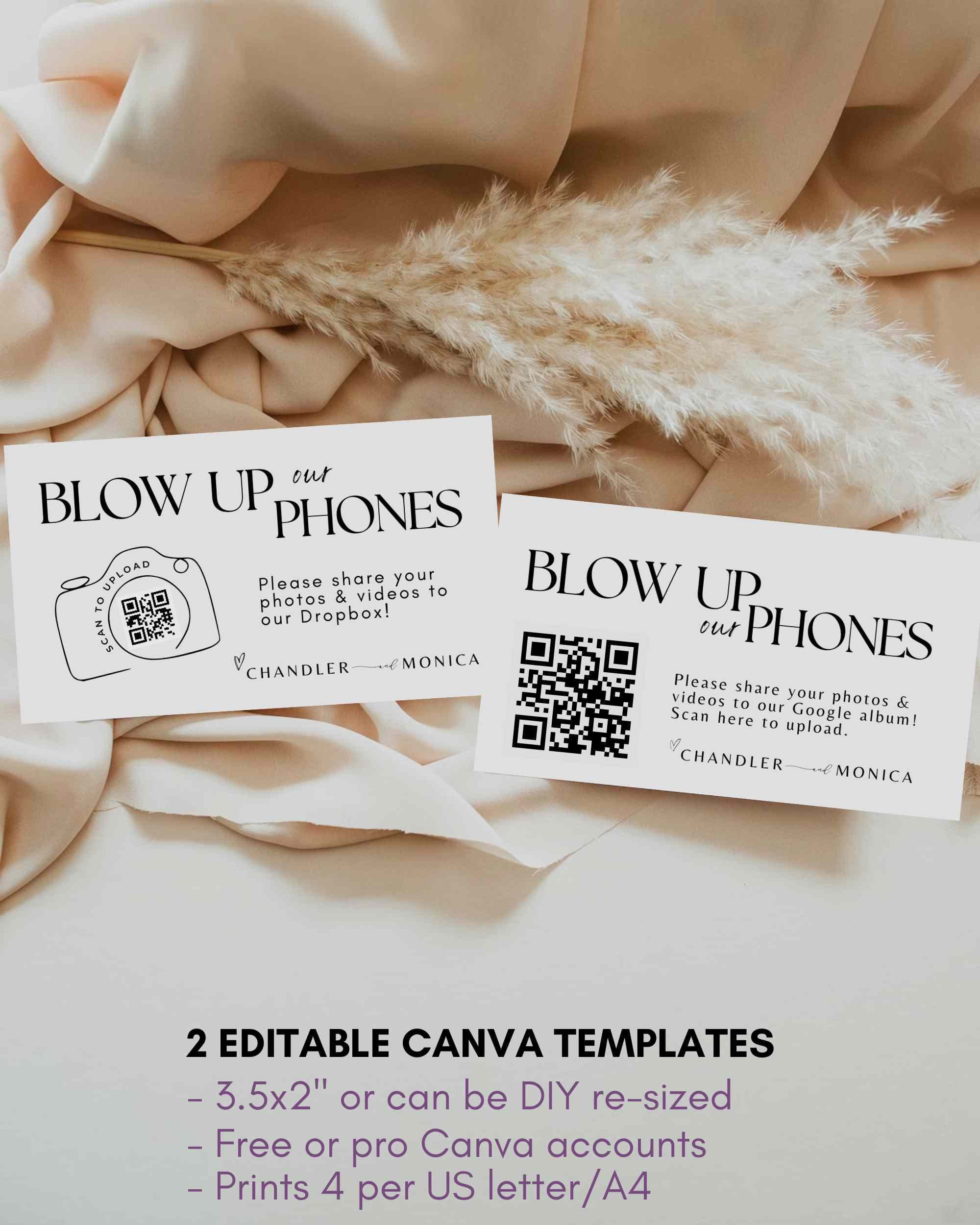 Blow up phones business card Wedding Photo Qr - Guest Share Your Photos Share Qr Code Card bridal shower - canva editable template #SA01