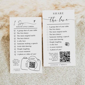 Share The Love QR Code Sign I spy Wedding-spel - Afdrukbaar Capture The Love Sign-sjabloon scanbare foto delen Canva-visitekaartje SA01