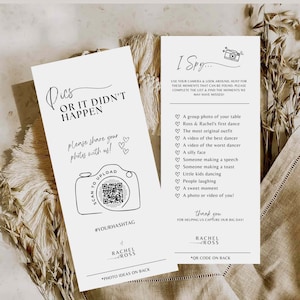 Pics or didn't happen I spy wedding game template - photo hunt card scavenger hunt wedding photo game Canva QR Code editable template #SA01