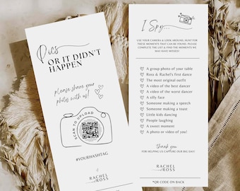 Pics or didn't happen I spy wedding game template - photo hunt card scavenger hunt wedding photo game Canva QR Code editable template #SA01