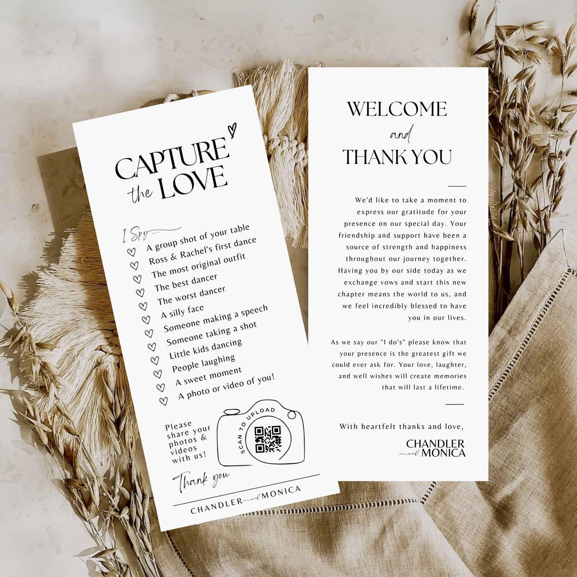 I spy wedding game Capture the love qr code template Thank you note photo hunt card scavenger wedding reception minimalist canva #SA01
