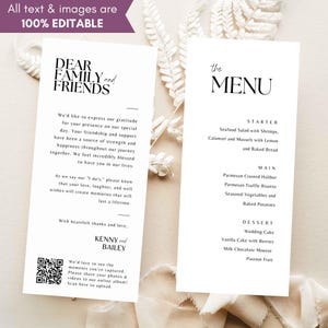 Menú imprimible con código QR para fotografías de bodas y notas de agradecimiento: plantilla Capture the love, tarjetas minimalistas para la recepción de Canva - SA01