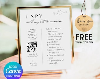 I spy wedding game with QR Code photo scavenger hunt wedding sign card - CHECKLIST instant Download Canva camera editable template #WL