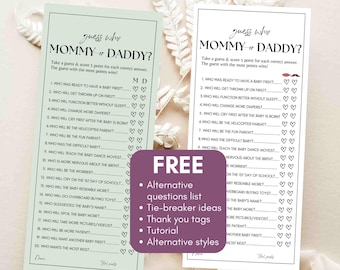 Raad eens wie papa of mama-spel babyshowerfeestje bewerkbare sjablonen - wie zei het trivia-spel Minimalistisch spel mama of papa-ouders - B01