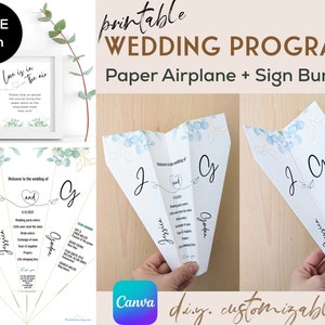 Papierflieger Hochzeitsprogramm druckbare Eukalyptus Save the Date Einladung digitaler Download bearbeitbare Vorlage auf Canva, Stil: EUKALYPTUS