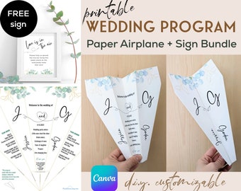 Paper airplane wedding program printable eucalyptus save the date invitation digital download editable Template on Canva, style : EUCALYPTUS