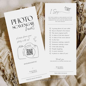 Chasse photo chasse au trésor jeu de mariage PDF à télécharger Modèle Canva - modèle d'appareil photo QR J'espionne jeu de mariage liste de contrôle défi photo #SA01