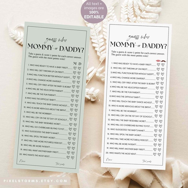 Guess Who Mommy or Daddy Game Baby Shower Party Game editable templates - Who Said It Trivia Game Minimalist Game Mom or Dad parents - B01