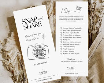 I spy wedding game template - snap and share photo hunt card scavenger hunt - wedding photo game reception - canva camera qr printable #SA01