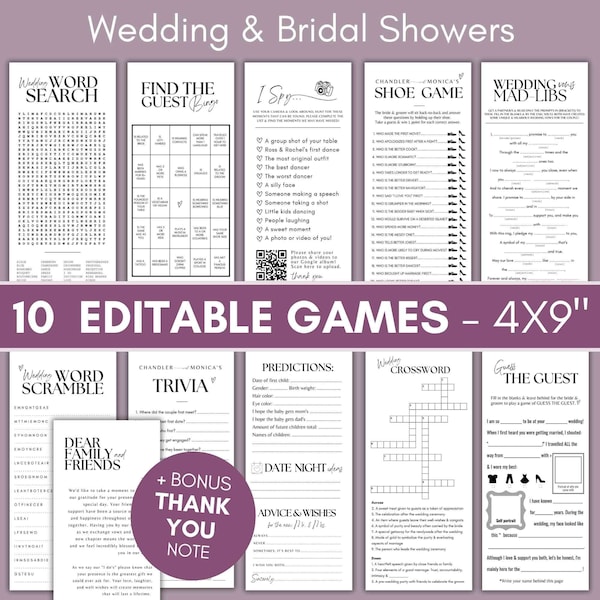 wedding games bundle reception games for adults, teens - photo hunt scavenger i spy, shoe game, guests bingo, mad libs, canva template SA01