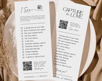 J'espionne la réception du jeu photo de mariage, chasse aux cartes, modèle de chasse aux cartes - capture l'amour canva camera qr imprimable # TA01