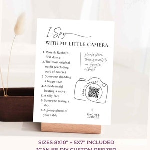 May include: A printable "I Spy" game card with a camera graphic and a list of items to find in wedding photos. The card includes instructions to share photos on Google albums. The card is available in 8x10 inch and 5x7 inch sizes and can be customized to fit other sizes.