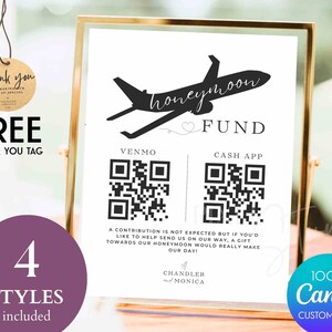 honeyfund sign download Honeymoon fund qr code sign airplane wedding signs travel qr code - Canva Template Qr Code Sign Venmo cash #E01