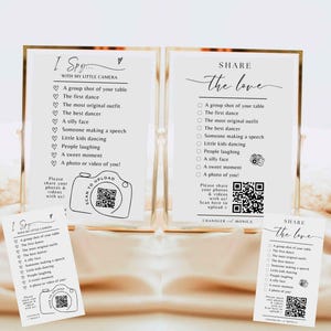 Share The Love QR Code Sign J'espionne le jeu de mariage - Imprimable Capture The Love Sign Modèle de partage de photos scannable Carte de visite Canva SA01