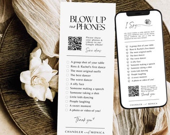 photo hunt card scavenger hunt wedding photo game reception Blow up phones I spy wedding game template - canva camera qr printable #SA01
