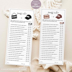 Mama oder Papa Spiel Fragen - Raten Sie mal wer Mama oder Papa Babypartyspiel minimalistisches Babypartyspiel über Eltern - editierbare Vorlage B01