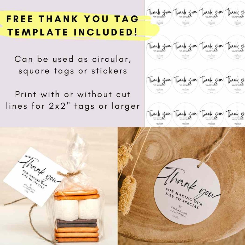 May include: A printable thank you tag template for circular or square tags or stickers. The template features the text "Thank you for making our day so special" with the names Chandler and Monica. The template is shown on a white background with a rustic wooden background and a s'mores treat in the background.