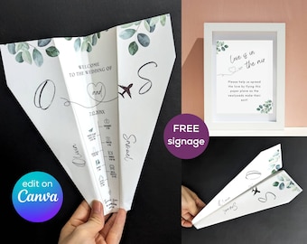 Wedding paper airplane ceremony program catholic church Minimalist eucalyptus sage green digital editable printable template on Canva #EA01