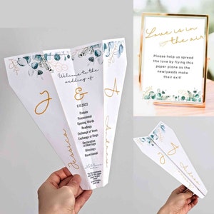 Programa de ceremonia de boda con aviones de papel imprimibles, invitación para guardar la fecha, descarga instantánea, plantilla digital editable de Google