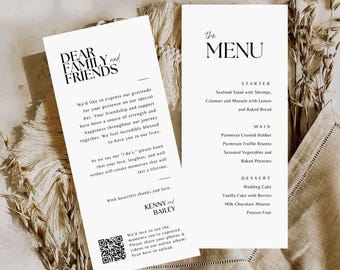 Menu and Thank You Note - Wedding Thank You Card with Qr Code Reception Dinner Menu Template Canva Modern Welcome Place Setting Cards - SA01