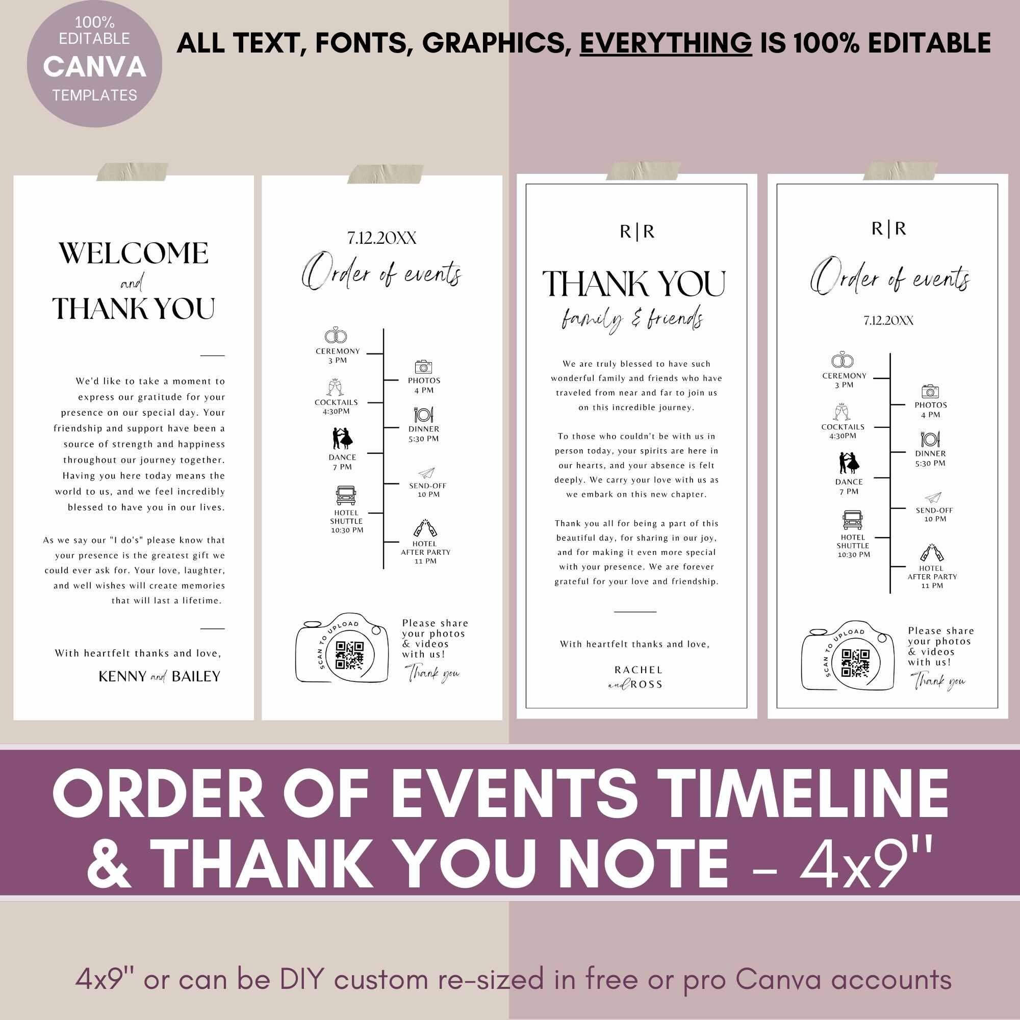 Event Note Card Template Thank You Note and Order of Events Timeline - Wedding Thank You Card ...